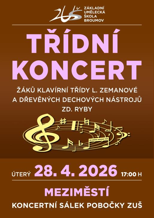 Třídní koncert žáků klavírní třídy Ludmily Zemanové a třídy dřevěných dechových nástrojů Zdeňka Ryby